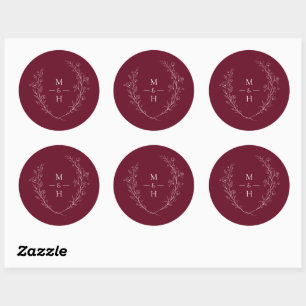 Botanical Monogram Burgundy Wedding Elegant Favor Classic Round Sticker