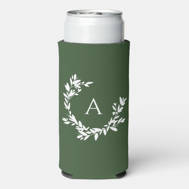 Botanical Monogram Initial Forest Hunter Green Seltzer Can Cooler (Seltzer Back)