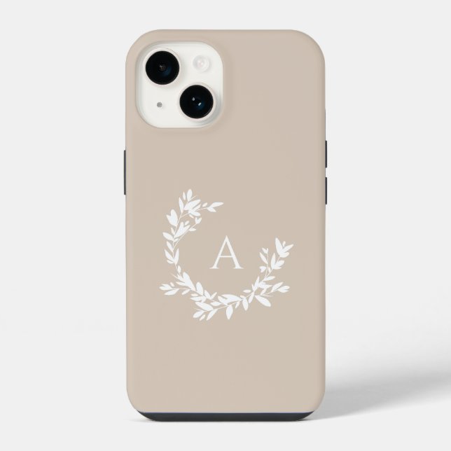 Botanical Monogram Initial Neutral Beige Tan Taupe iPhone Case (Back)
