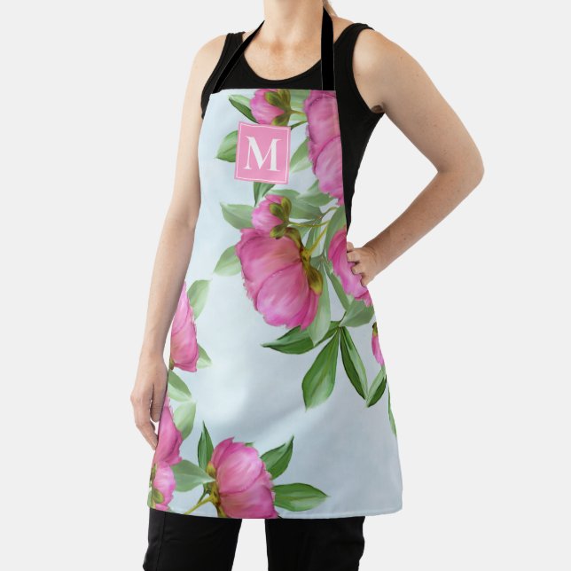 Botanical Monogram Pretty Pink Garden Peonies  Apron (Insitu)