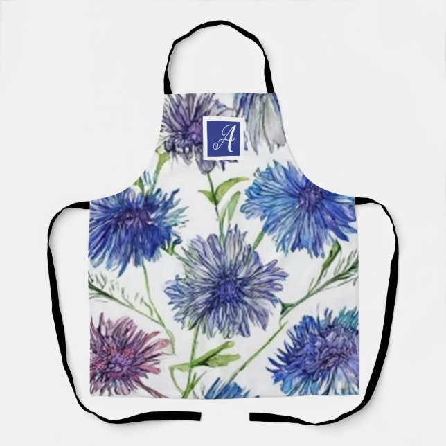 Botanical Monogram Pretty purple blue cornflowers  Apron (Front)