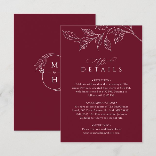 Botanical Monogram Wedding Details Burgundy Enclosure Card (Front/Back)