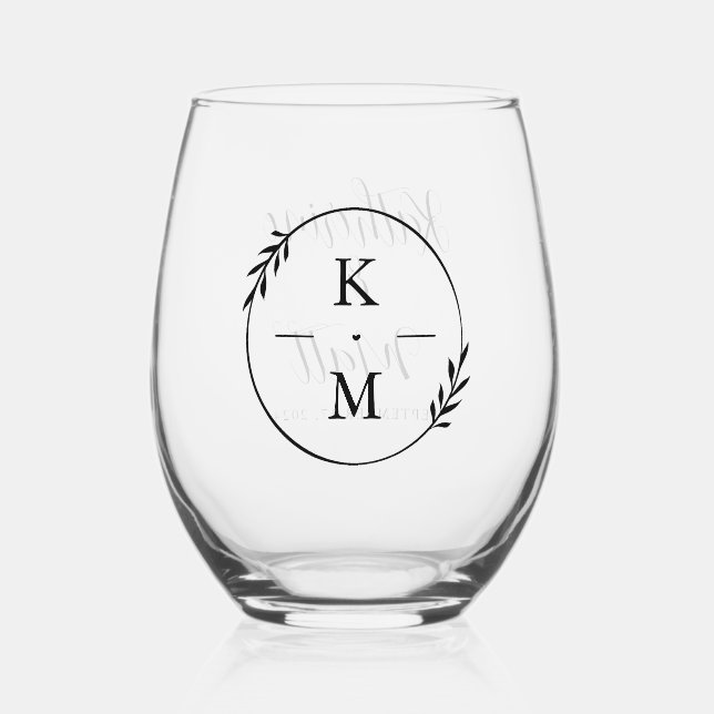 Botanical Monogram Wedding or Anniversary  Stemless Wine Glass (Front)