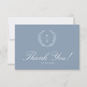 Botanical Monogram Wreath Dusty Blue Wedding Thank You Card