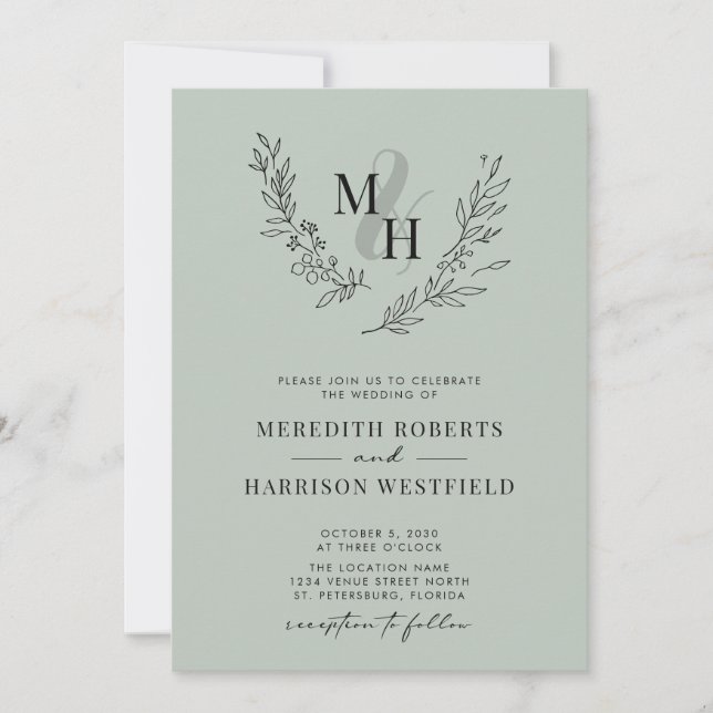 Botanical Monogram Wreath QR Code Sage Wedding Invitation (Front)