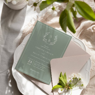 Botanical Monogram Wreath Sage Green Wedding Invitation