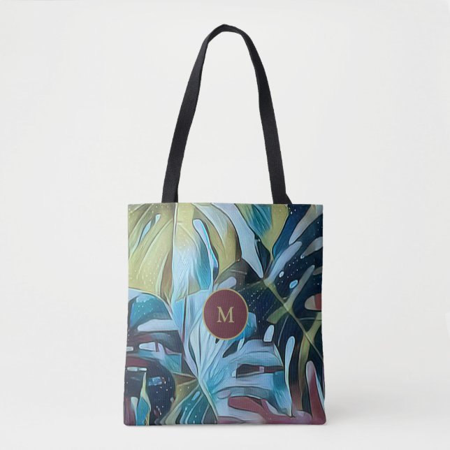 Botanical Moody Blue Monstera Leaves with Monogram Tote Bag (Front)