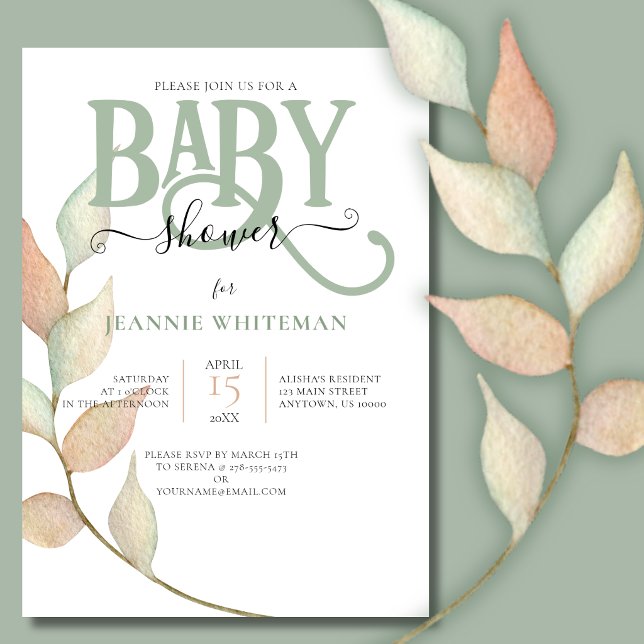 Botanical Moss & Peach BABY SHOWER Invitation (Gender Neutral Botanical Baby Shower Invitation)
