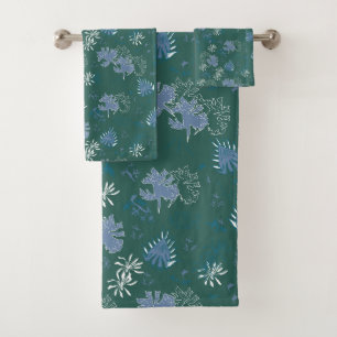 Botanical Moss Print in blue, green, teal Bath Tow Towel Set