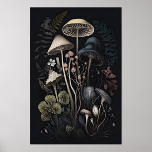 Botanical Mushrooms Dark Cottagecore Print, Dark Poster