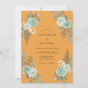 Botanical Mustard Aqua Leafy Wedding Invitation