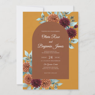 Botanical Mustard Maroon Dahlia Wedding Invitation