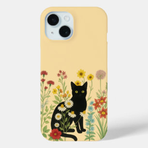 Botanical Nature – Black Cat in Wildflower Garden iPhone 15 Case