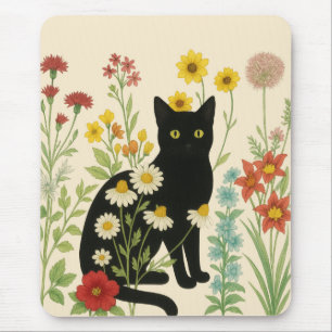 Botanical Nature – Black Cat in Wildflower Garden Mouse Pad