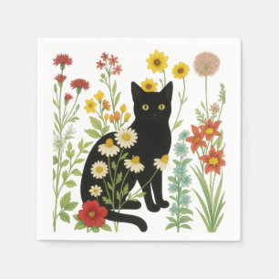 Botanical Nature – Black Cat in Wildflower Garden Napkin