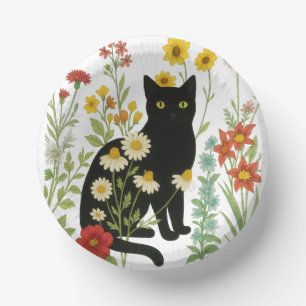 Botanical Nature – Black Cat in Wildflower Garden Paper Plate