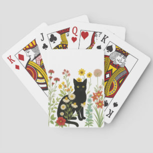 Botanical Nature – Black Cat in Wildflower Garden Playing Cards