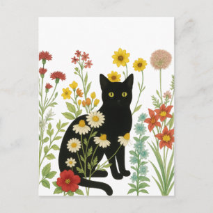 Botanical Nature – Black Cat in Wildflower Garden Postcard