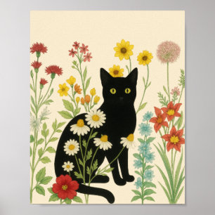 Botanical Nature – Black Cat in Wildflower Garden Poster