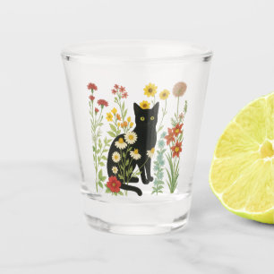 Botanical Nature – Black Cat in Wildflower Garden Shot Glass