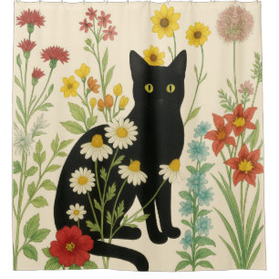 Botanical Nature – Black Cat in Wildflower Garden Shower Curtain