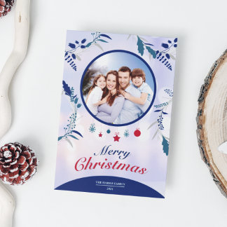 Botanical Navy Blue Floral Photo Frame | Christmas Holiday Card