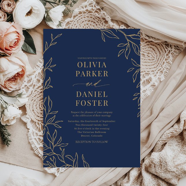 Botanical Navy Blue Gold Elegant Wedding Invitation (Creator Uploaded)