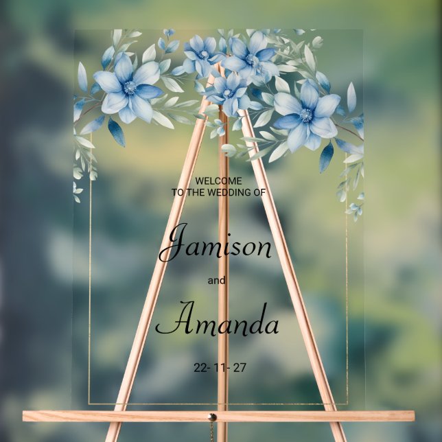 Botanical navy blue mint floral wedding acrylic sign (Neutral)