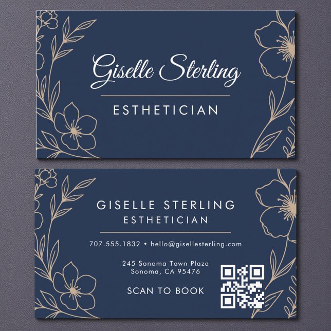 Botanical Navy Blue QR Code Aesthetician Floral Business Card (Creator Uploaded)