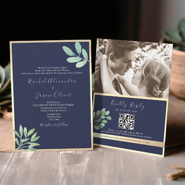 Botanical Navy Blue Wedding QR Code Invitation (Creator Uploaded)