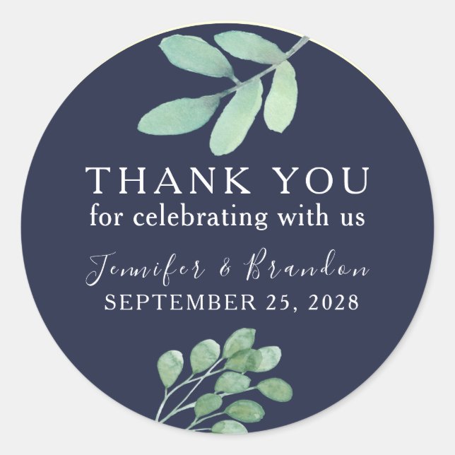 Botanical Navy Blue Wedding Thank You Favour Classic Round Sticker (Front)