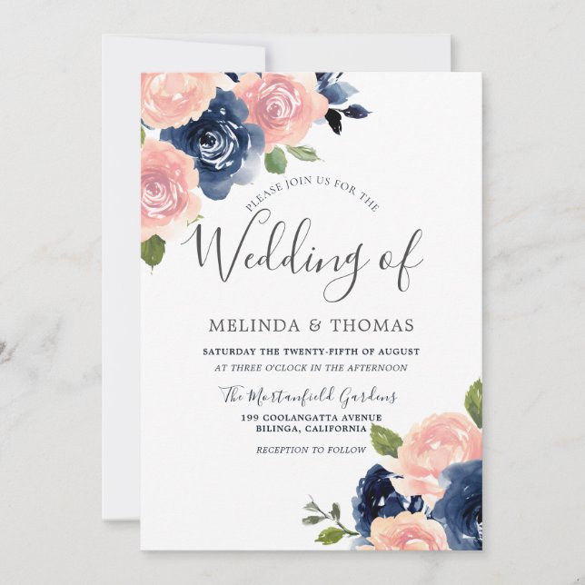 Botanical Navy & Blush Flowers Elegant Wedding Invitation (Front)