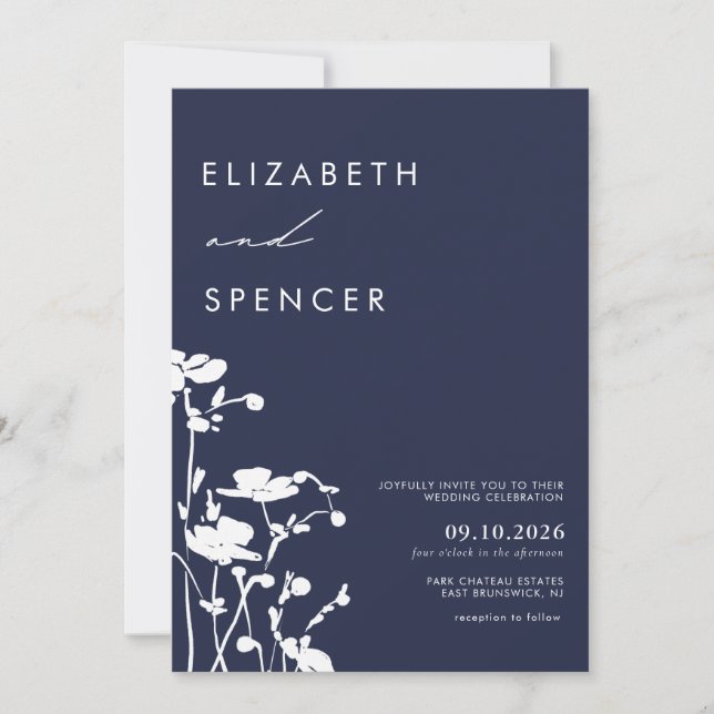 Botanical Navy Floral Modern Wedding  Invitation (Front)