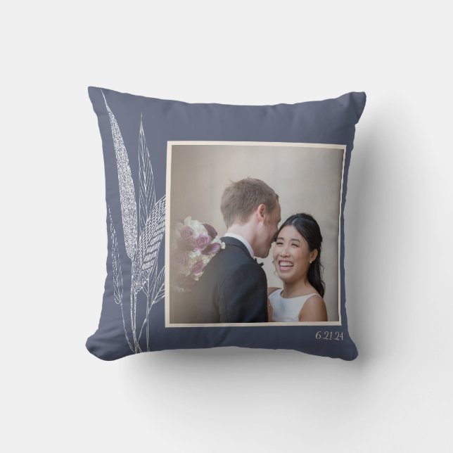 Botanical Navy Personalised Wedding Couple Photo Cushion (Front)