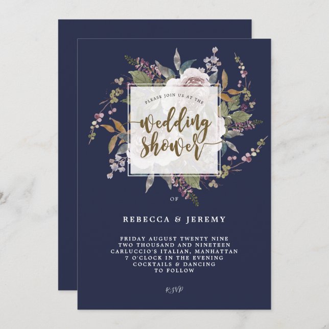 botanical navy purple wedding shower invitation (Front/Back)