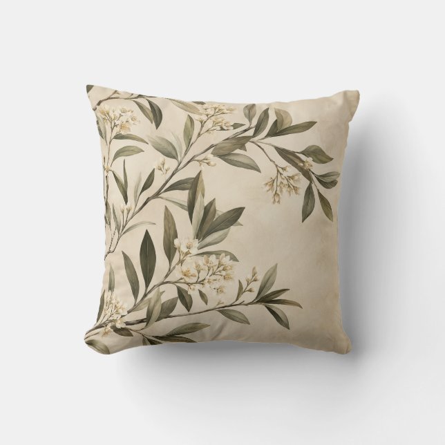 Botanical Olive Branch Throw Pillow (Front)