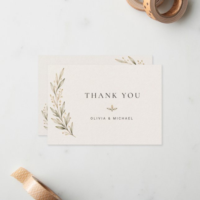 Botanical Olive Branch Wedding Thank You Card  (Front/Back In Situ)