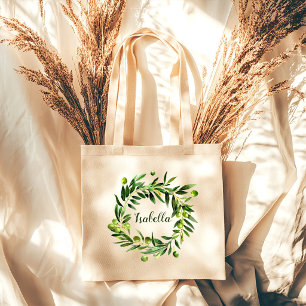 Botanical Olive Floral Greenery Initial Bridesmaid Tote Bag