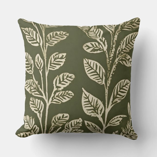 Botanical Olive Green Sage Leaves Cushion (Front)