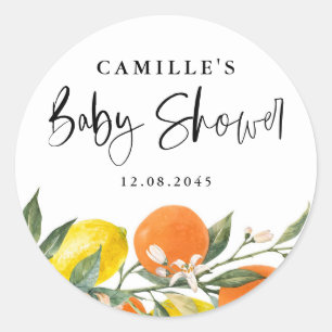 Botanical Orange and Lemon Baby Shower Envelope Classic Round Sticker