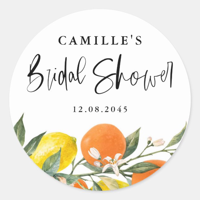 Botanical Orange and Lemon Bridal Shower Envelope  Classic Round Sticker (Front)