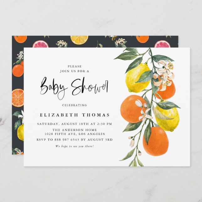 Botanical Orange and Lemon Garland Baby Shower Invitation (Front/Back)