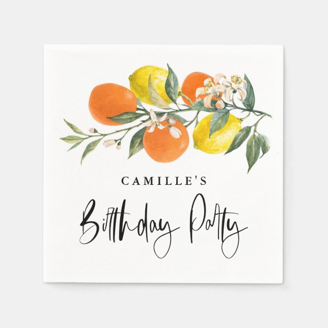 Botanical Orange and Lemon Summer Birthday Party Napkin (Front)