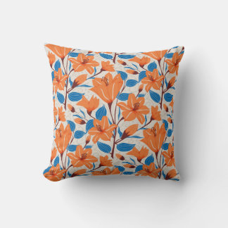 Botanical Orange Blue Lily Floral Pattern Cushion