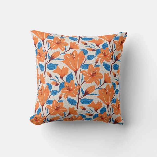 Botanical Orange Blue Lily Floral Pattern   Cushion (Front)