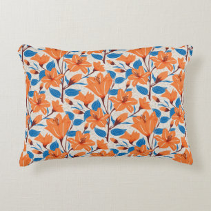 Botanical Orange Blue Lily Floral Pattern Decorative Cushion