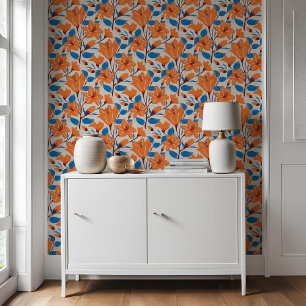 Botanical Orange Blue Lily Floral Pattern   Wallpaper