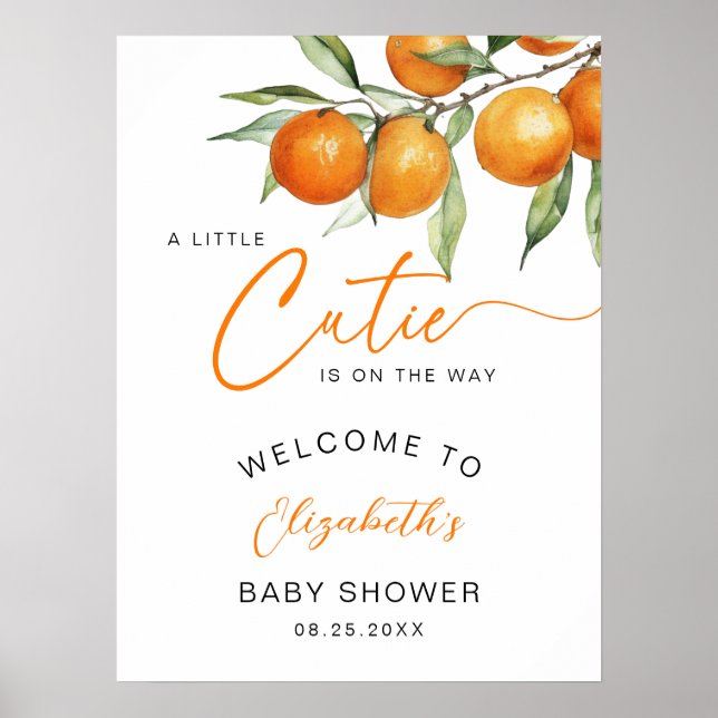 Botanical Orange Little Cutie Baby Shower Welcome Poster (Front)