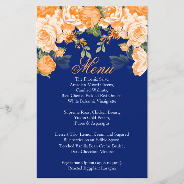Botanical Orange & Navy Blue Flower Wedding - Menu (Front)
