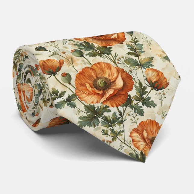 Botanical Orange Poppies Pattern Tie (Rolled)